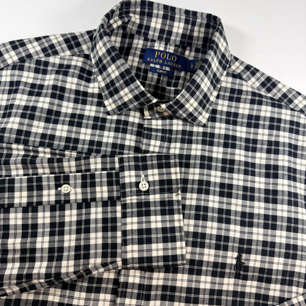 Polo Ralph Lauren Shirt Mens Large Slim Fit Black White Plaid Cotton Pony